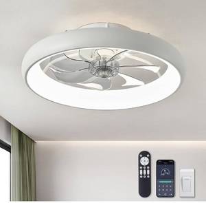 lot 14216 image: LUDOMIDE Ceiling Fans with Lights and Remote, 20 Low Profile Flush Mount Ceiling Fan with Lights, 6 Wind Speeds, Modern Dimmable LED Ceiling Fan, Smart Ceiling Fan for Bedroom, Kids Room (White) Retail $125