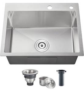 lot 14217 image: POPFLY 22�18 Inch Drop in Kitchen Sink, 18 Gauge 304 Stainless Steel Single Bowl Sink 2-Hole, Topmount Handmade Outdoor Small Prep Bar Sink with Drain Strainer Retail $160