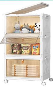 lot 14224 image: JONYJ Storage Bins with Lids 32Qt, 3 Packs Stackable Storage Bins with Wheels, Magnetic Door, Leather Handle, Plastic Storage Containers for Bedroom, Living Room (Large)