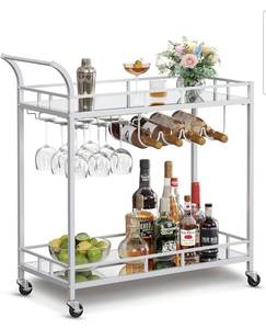 lot 14229 image: VASAGLE Bar Cart Silver, Home Bar Serving Cart, Wine Cart with 2 Mirrored Shelves, Wine Holders, Glass Holders, for Kitchen, Dining Room, Silver ULRC090E62 Retail $115