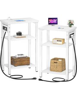 lot 14233 image: Aheaplus 3 Tier Slim End Side Table Set of 2 with Charging Station, USB Ports & Outlets, Narrow Bedside Nightstand with Storage Shelf for Sofa, Bedroom, Living Room, White Retail $89