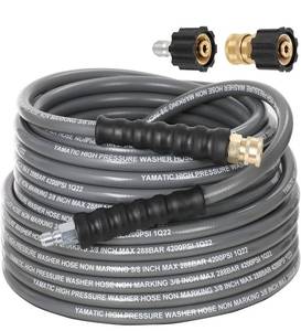 lot 14244 image: YAMATIC Non Marking 38 4200 PSI Pressure Washer Hose 50 FT, for HotCold Water Rubber Wire Braided, Kink Free Swivel 38 Quick Connection, Industry Grade for Power Washer, Super Wear Resistant Retail $90