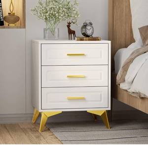 lot 14254 image: Giluta 3 Drawers Nightstand, Modern Bedside Table with Solid Metal Legs & Handles, White Gold Wood Chest of Drawers, Sofa End Side Table for Bedroom Living Room Hallway, 15.75 D x 19.7 W x 24 H Retail $110