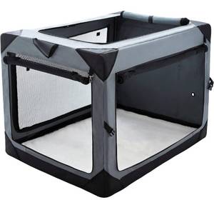 lot 14263 image: Pettycare 30 Inch Collapsible Dog Crate for Medium Dogs, 4-Door Foldable Soft Dog Kennel with Chew Proof Mesh Windows, Indoor & Outdoor Travel Dog Crate, Soft Side Dog Crate Retail $80