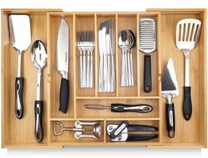 lot 14267 image: Pristine Bamboo Silverware Organizer - Expandable Kitchen Drawer Organizer - Adjustable Kitchen Drawer Organizer for Utensils, Expandable to 25 Inches Wide, 10 Compartments, Silverware Tray for Drawer