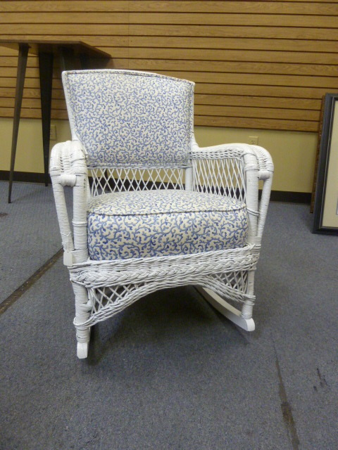 lot 38 image: WHITE & BLUE WICKER ROCKING CHAIR
