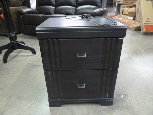 lot 149 image: BLACK 2 DRAWER NIGHTSTAND with USB PLUG INS  has some flaws