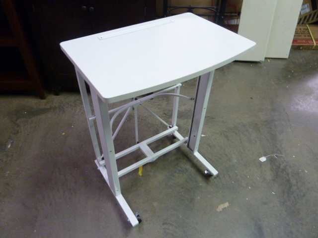 lot 238 image: WHITE LAP TOP TABLE WITH TABLET HOLDER - ON WHEELS