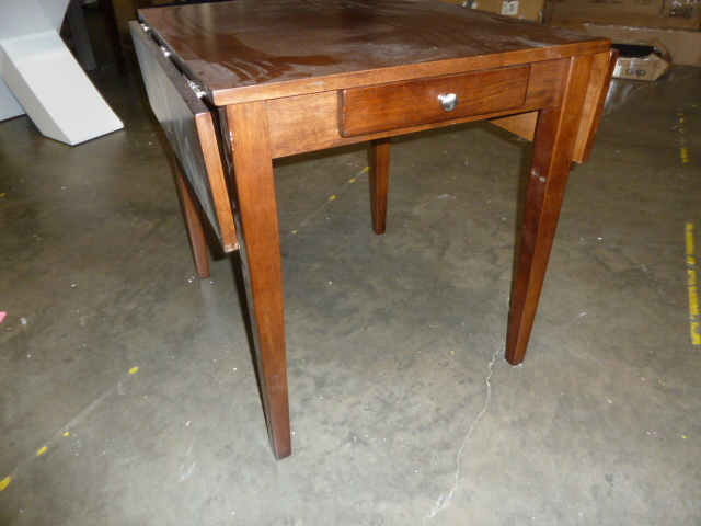 lot 221 image: SMALL DROP LEAF TABLE WITH DRAWER - ONE LEAF HAS CRACK