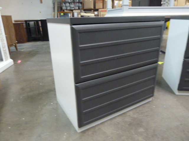 lot 219 image: WOOD TWO DRAWER FILE CABINET - HAS FAINT SCRATCHES
