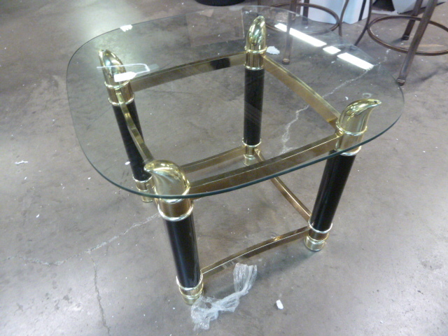 lot 201 image: GOLD AND BLACK METAL SIDE TABLE WITH GLASS TOP