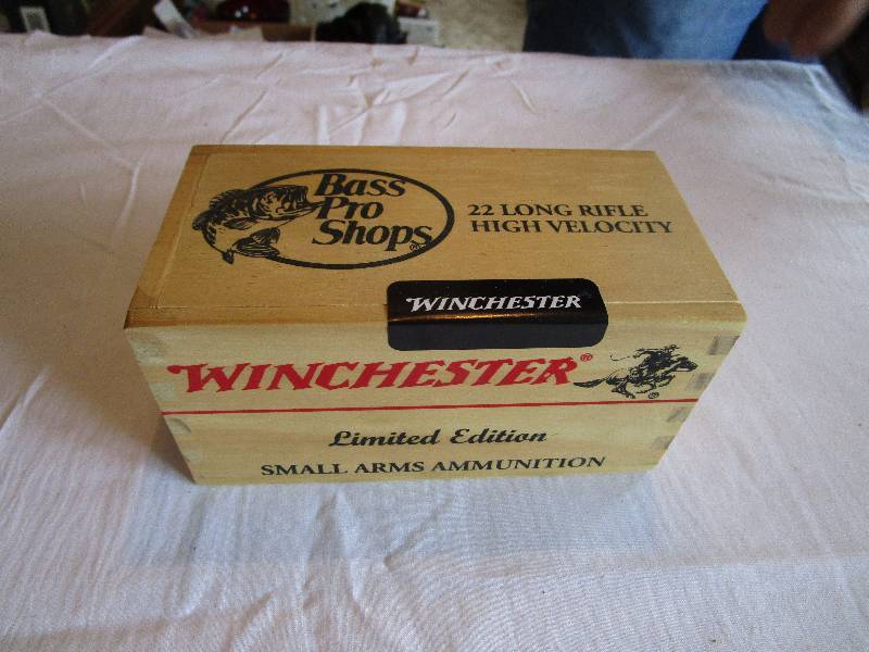lot 241 image: Winchester Rimfire Ammo 500 Rounds .22 L.R. with Vintage Wooden Box Bass Pro