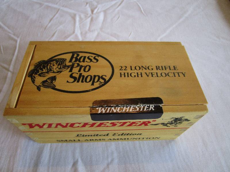 lot 242 image: Winchester Rimfire Ammo 500 Rounds .22 L.R. with Vintage Wooden Box Bass Pro