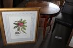 Lot of 2 framed pictures, sign board, chair and table - table needs refinished