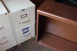 Lot of 2 - 2 Drawer Filing Cabinets & Metal Shelf w/ 1 adjustable Shelf (Shelf is missing 1 clip)