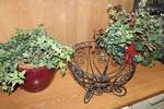 Lot of 2 Fauxe Plants in maroon pots and 1 decorative metal bowl