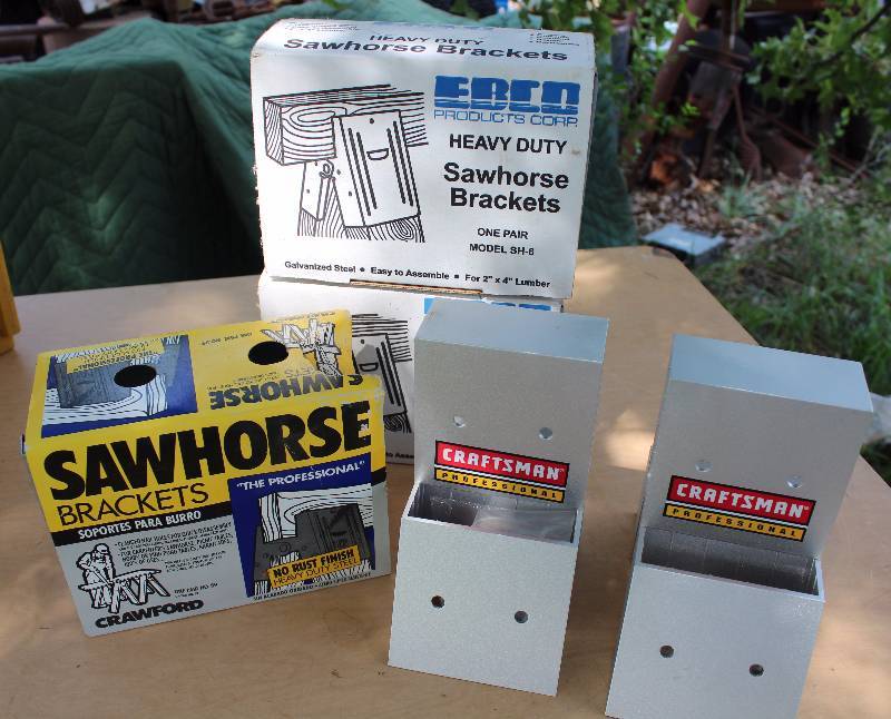 lot 2210 image: Lot of 4 Pairs of Sawhorse Brackets - Just add wood Most are NEW