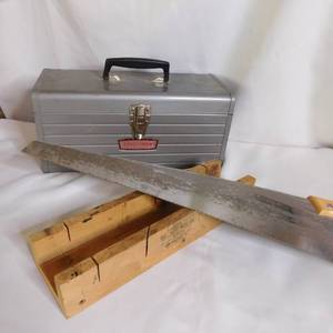 lot 5128 image: Vintage Durall Rock Maple Wood Miter Box & Craftsman Metal Tool Box w Tools
