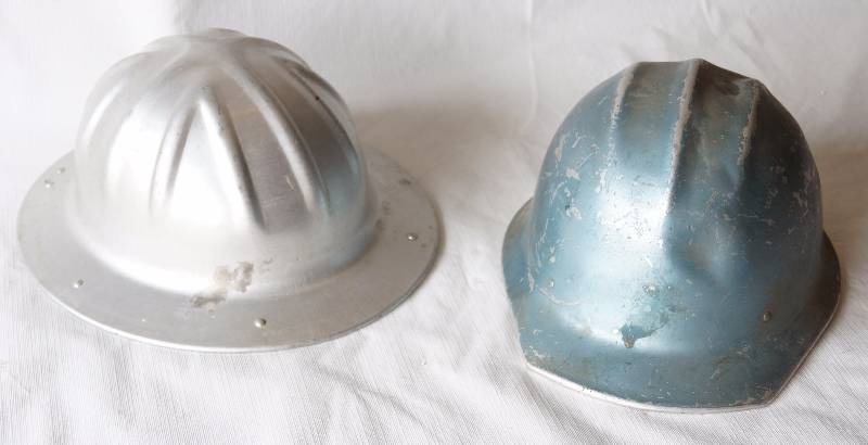 lot 6006 image: Vintage - Lot of 2 - Aluminum Contractor  Construction Hard Hats - B.F. McDonald CO. & HARD BOILED Brand - COOL