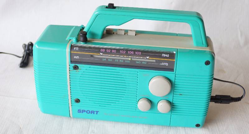 lot 6012 image: Portable Radio, Flashlight and Cassette Player - BIG 80s Baby Radio and flashlight work. (Cassette untested but looks good)
