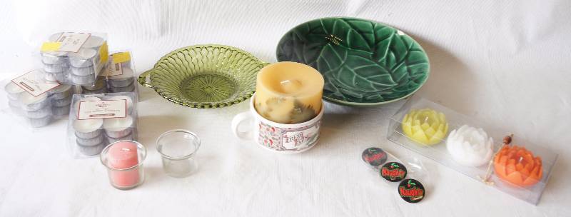 lot 6022 image: Lot of home dcor - Including NEW tea light and other candles - green glass dishes and more See photo