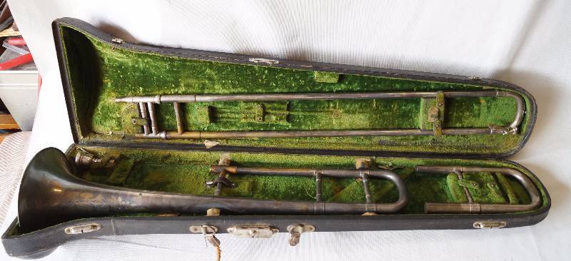 lot 6027 image: Vintage Antique Trombone - Dual Tone - J.W. York and Sons Professional - Dual Pitch Tubes Included - w case - was just serviced and plays well