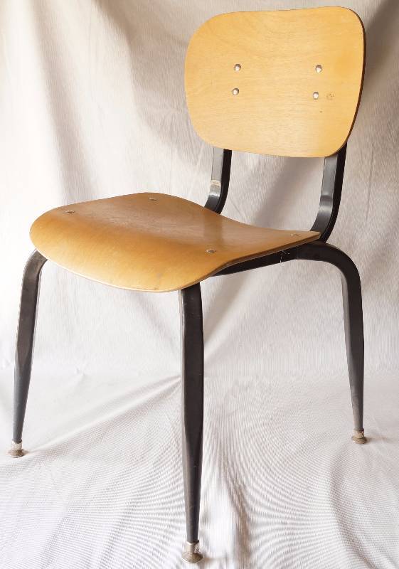 lot 6035 image: Vintage School Chair Wood Seat on Metal Frame - swivel back on chair - will need seat re-welded on one spot on the bottom (See photo) otherwise is very nice shape