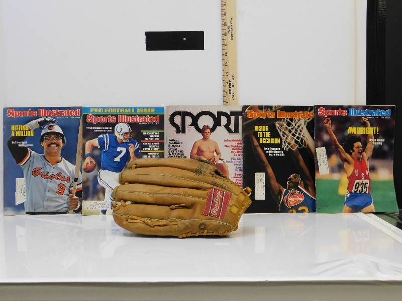 lot 9003 image: Sports Magazines (5) soon to be Antiques and Rawlings Baseball GloveBall.