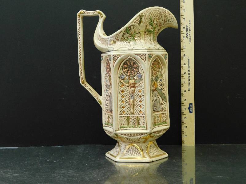 lot 9013 image: 16 Tall - Ceramic Water Pitcher. Hand Painted Religious Depictions.