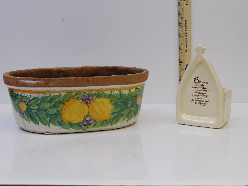 lot 9017 image: Ceramic Flower Pots. Large Oval Bowl and Standing Church Prayer Pot.