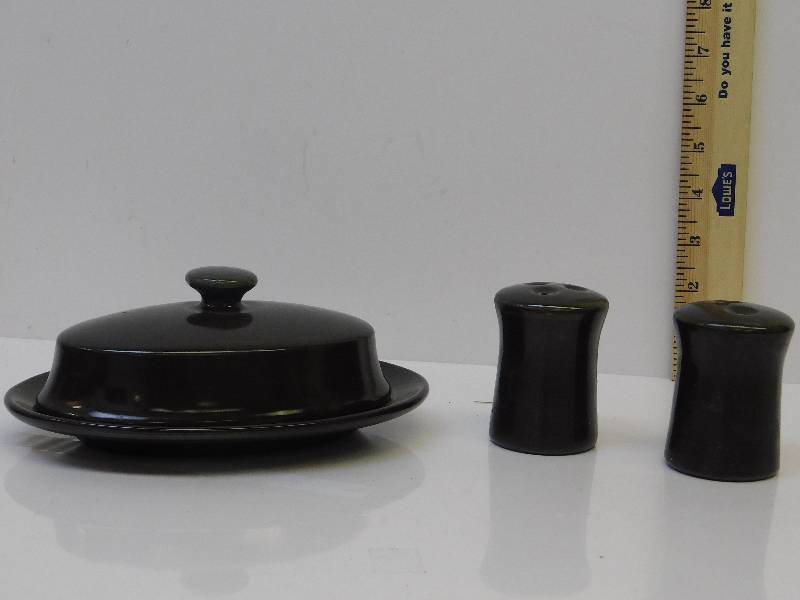 lot 9028 image: Franciscan Stoneware - Lidded Butter Dish  Salt and Pepper Shaker.
