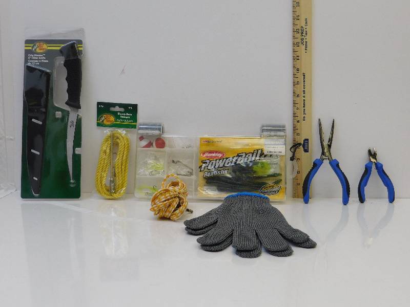 lot 9043 image: Fishing Supplies  Fillet Knife  Tackle Box  Stringer Line  Pliers  Steel Reinforced Gloves.