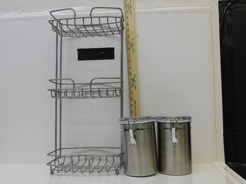 lot 9048 image: 22 3 Tier Metallic Counter Shelf.  2 Air Tight Metallic Containers.