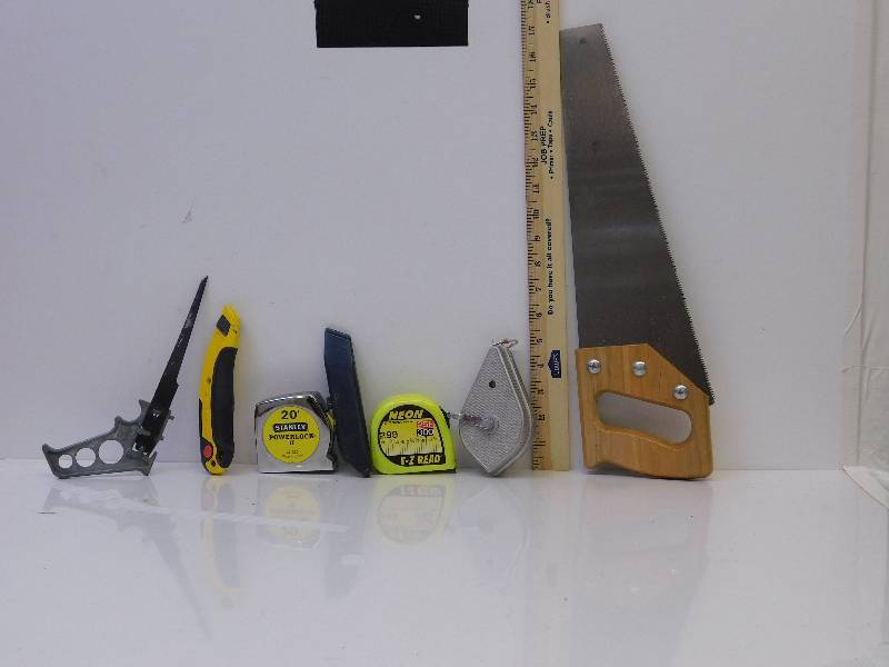 lot 9057 image: Measure  Chalk and Cut.  Measures and Knives.