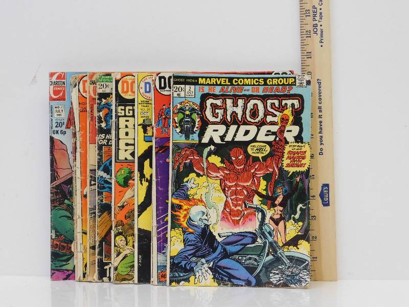 lot 9061 image: 10 Vintage Antique Comic Books. Anything from Fighting Marines to Ghost Rider.