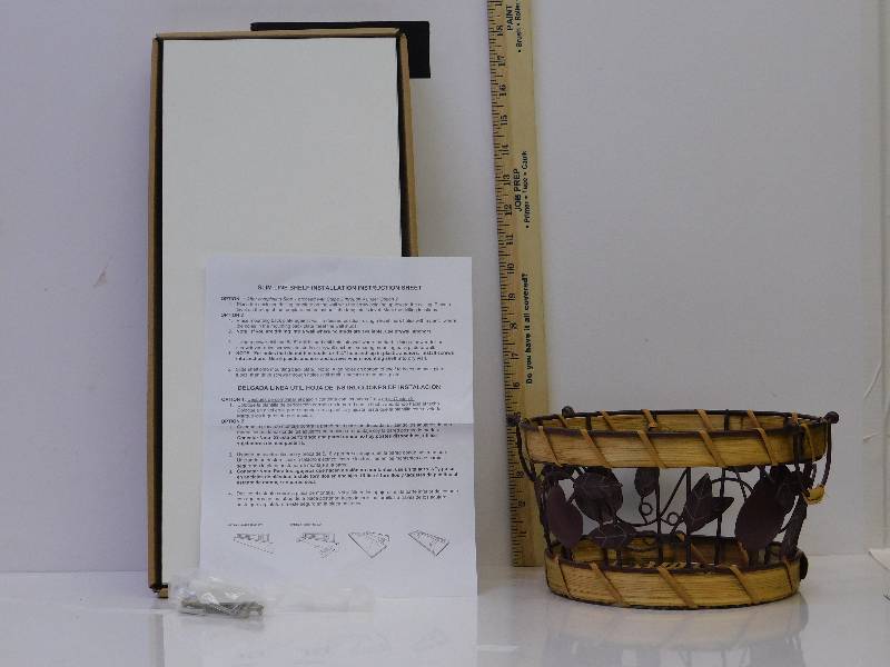 lot 9072 image: Slim Line Shelf  Metallic Floral and Wicker Basket.