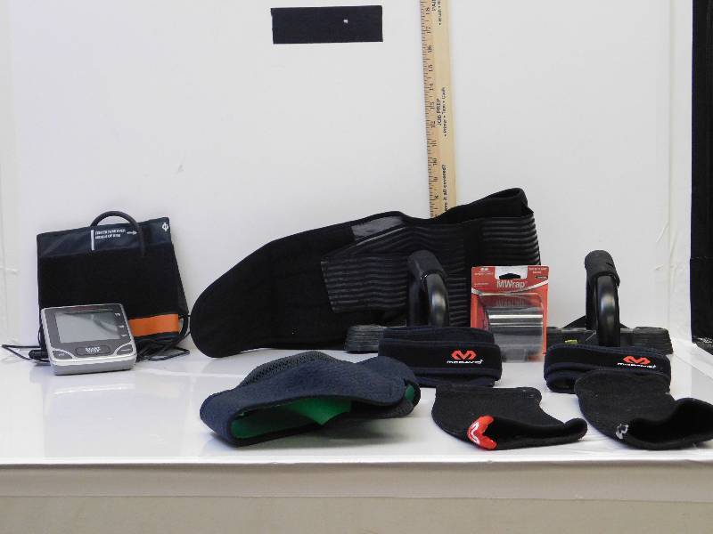 lot 9076 image: Walgreens Personal Blood Pressure Machine. Assorted Body Braces. Athlete Wrap  Pushup Handles.