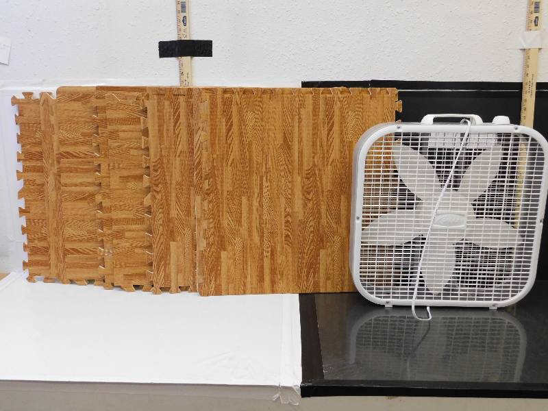 lot 9087 image: Eight, 24 x 24 Locking Foam Floor Mats.  Large Electric Box Fan.