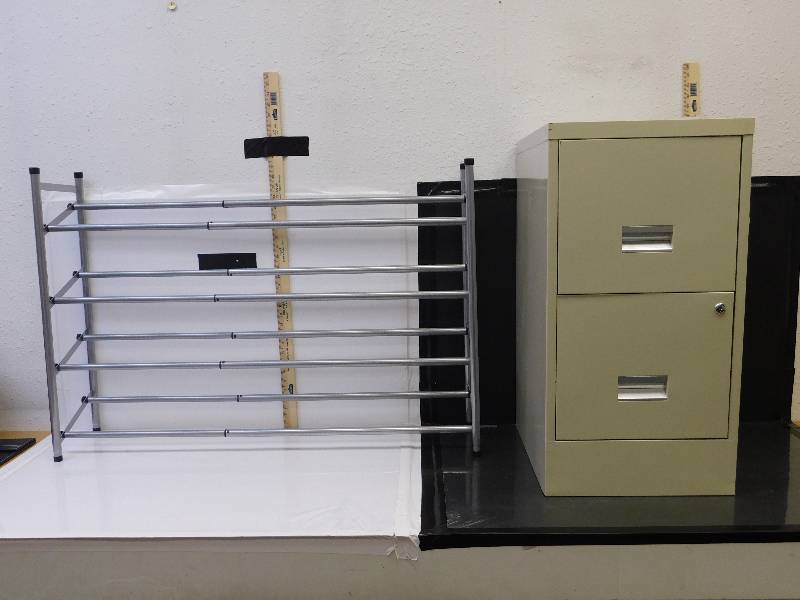 lot 9091 image: Standard 2 Drawer Metallic Filing Cabinet  Adjustable Length Shoe RackShelf.