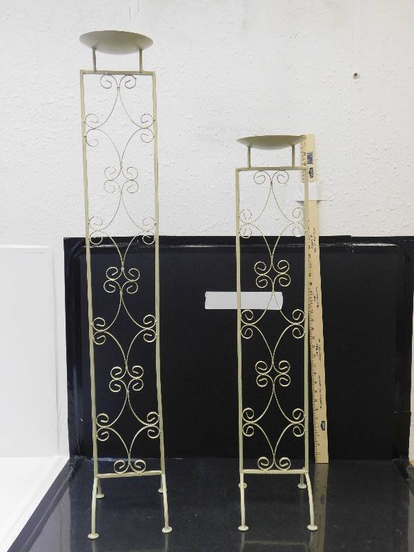 lot 9100 image: 34 & 42 Tall  Style Matched Distressed Wrought Iron Candle Holders.