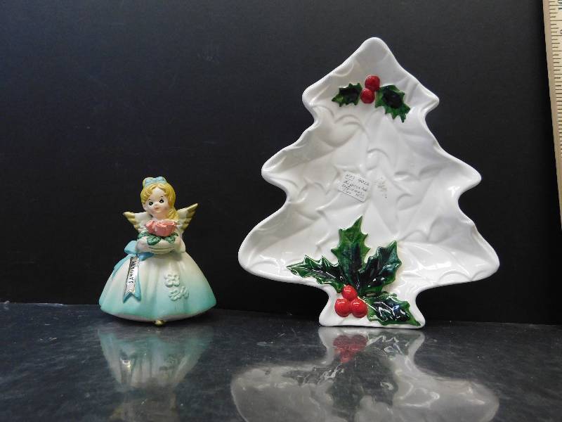 lot 9108 image: January Angel Ceramic Figurine & Lefton Glass Christmas Tree.