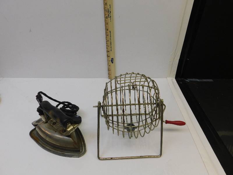 lot 9118 image: Antique Metallic Rafflebingo Ball Spinner  Antique Hot Hoint Electric Hot Iron.