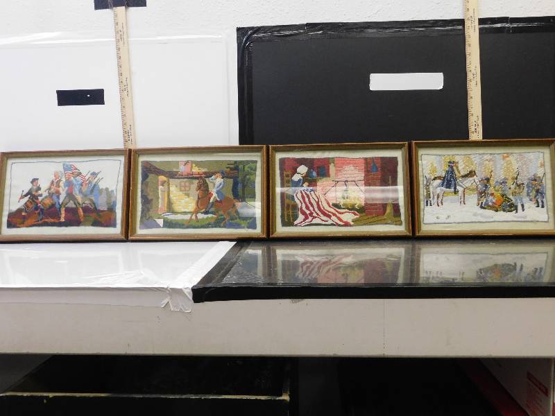 lot 9132 image: Four 11 x 16 Needle Point Depicting History Through the Americas. Framed Art.