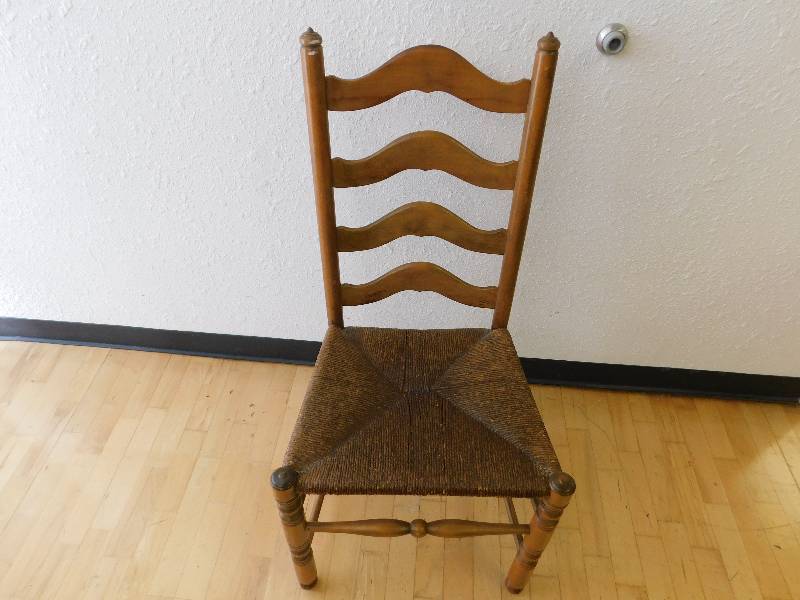 lot 9135 image: Wave Backed Pinewood  Wicker Seated Chairs.