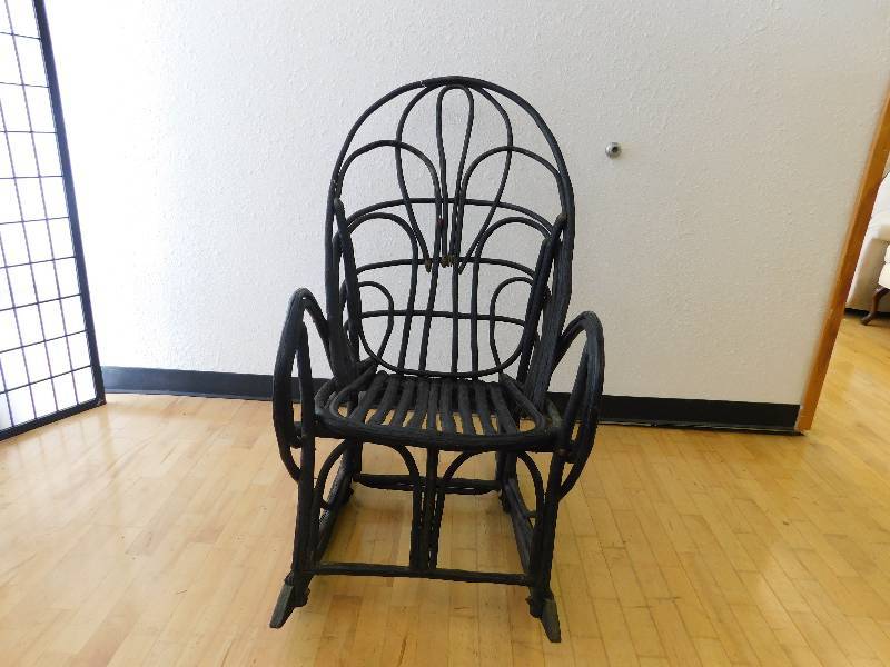 lot 9138 image: Antique Homemade Wood and Stick Outdoors Rocker. Very Sturdy.