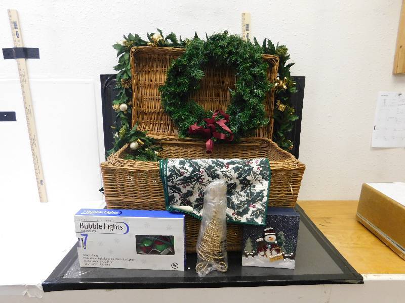 lot 9144 image: Basket of Christmas Treasure and Decorations.