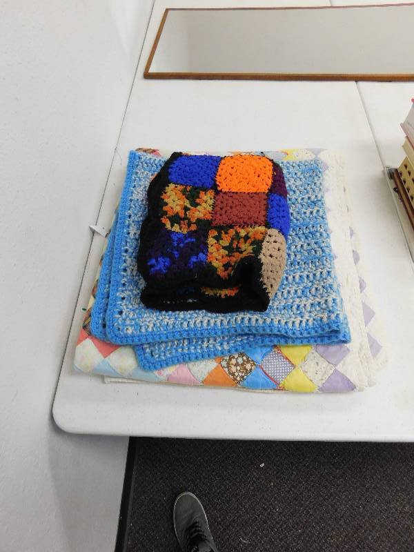 lot 9189 image: 3 Hand Made Antique Afghan Blankets and Cross Stitch.