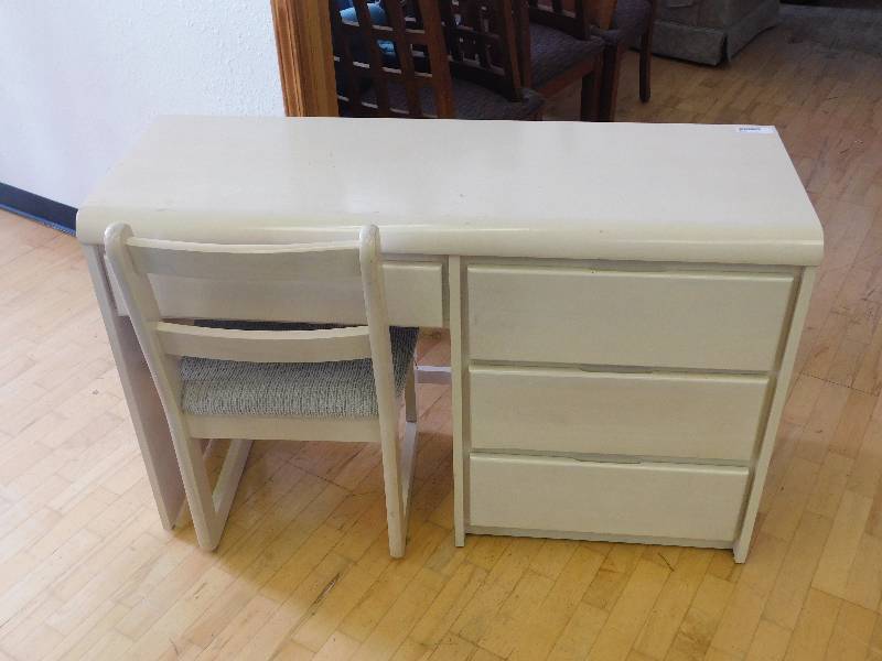 lot 9203 image: 30 T, 48 W, 17 D. Shermag Brand White Hardwood Desk w Matching Padded Chair.