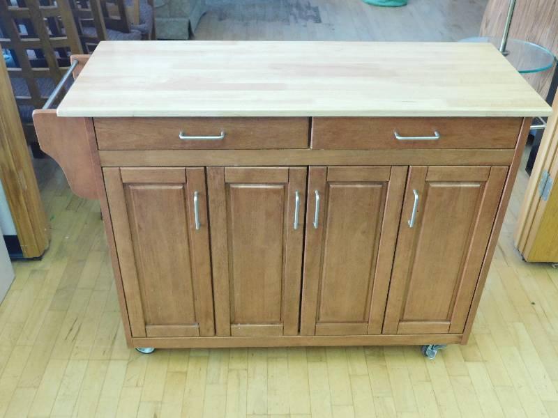 lot 9205 image: 35 T, 48 W, 18 D. Wooden Rolling Microwave Table  Kitchen Island Bar.
