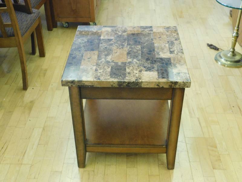lot 9207 image: 25 T, 24 x 24 W. 2 Tier Granite Impression Hardwood End  Parlor Table.